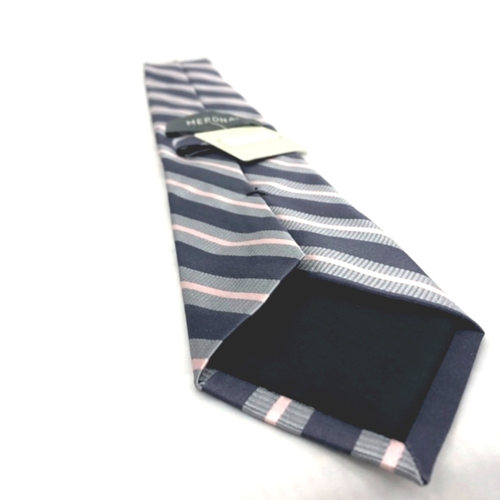 New With Tags Merona 100% Silk Gray and Pink Striped Traditional Long Neck Tie - Picture 6 of 6